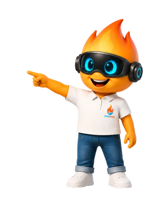 Dmobin mascot character pointing toward the FIRES value cards