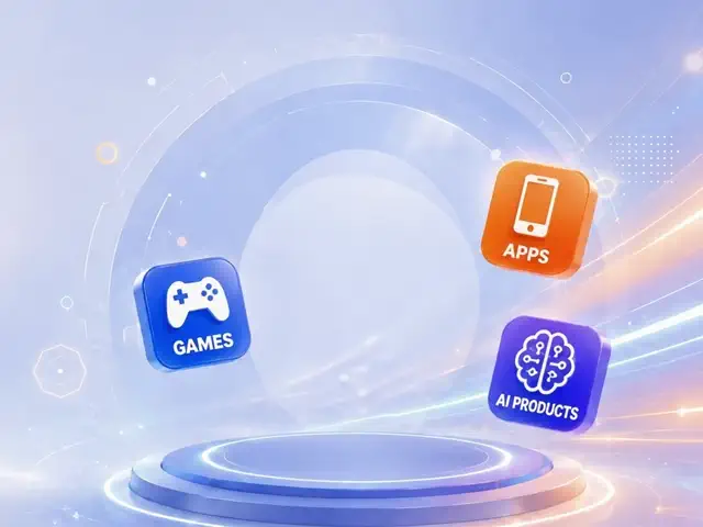 3D podium with a glowing ring and floating GAMES, APPS, and AI PRODUCTS icon tiles