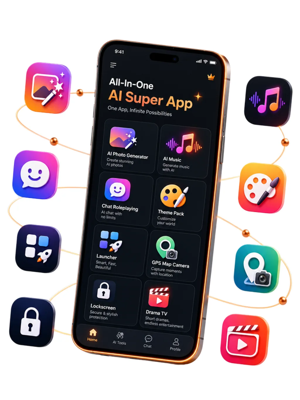 Smartphone showing an AI super-app home screen surrounded by floating icons for AI photo generator, music, chat assistant, theme pack, launcher, GPS camera, lockscreen, and drama TV tools