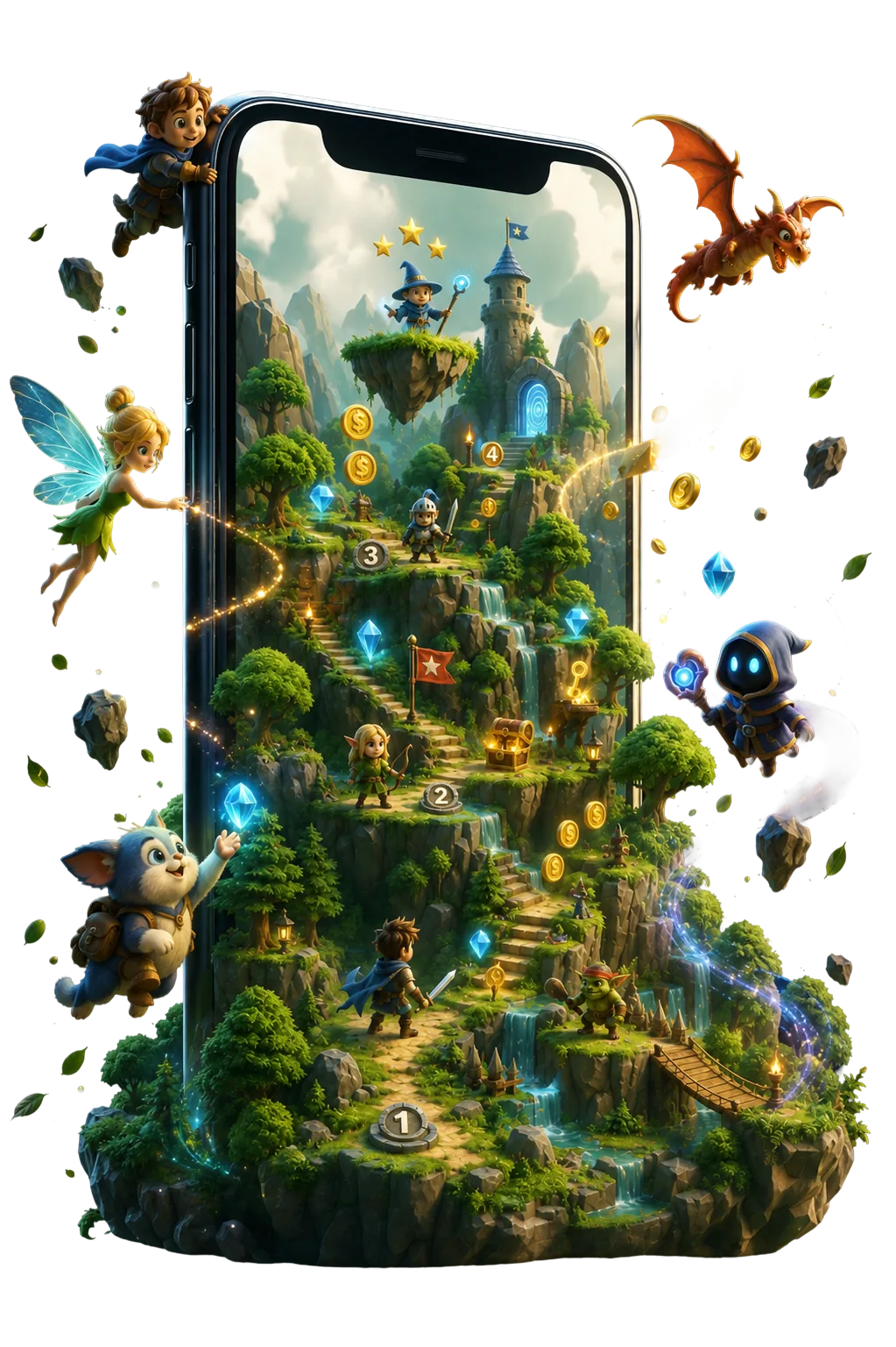 Mobile phone displaying a 3D fantasy game world with characters climbing a mountain path